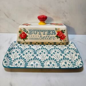 Pioneer Woman Ceramic Sweet Rose Floral Covered Butter Dish with Handle and Base